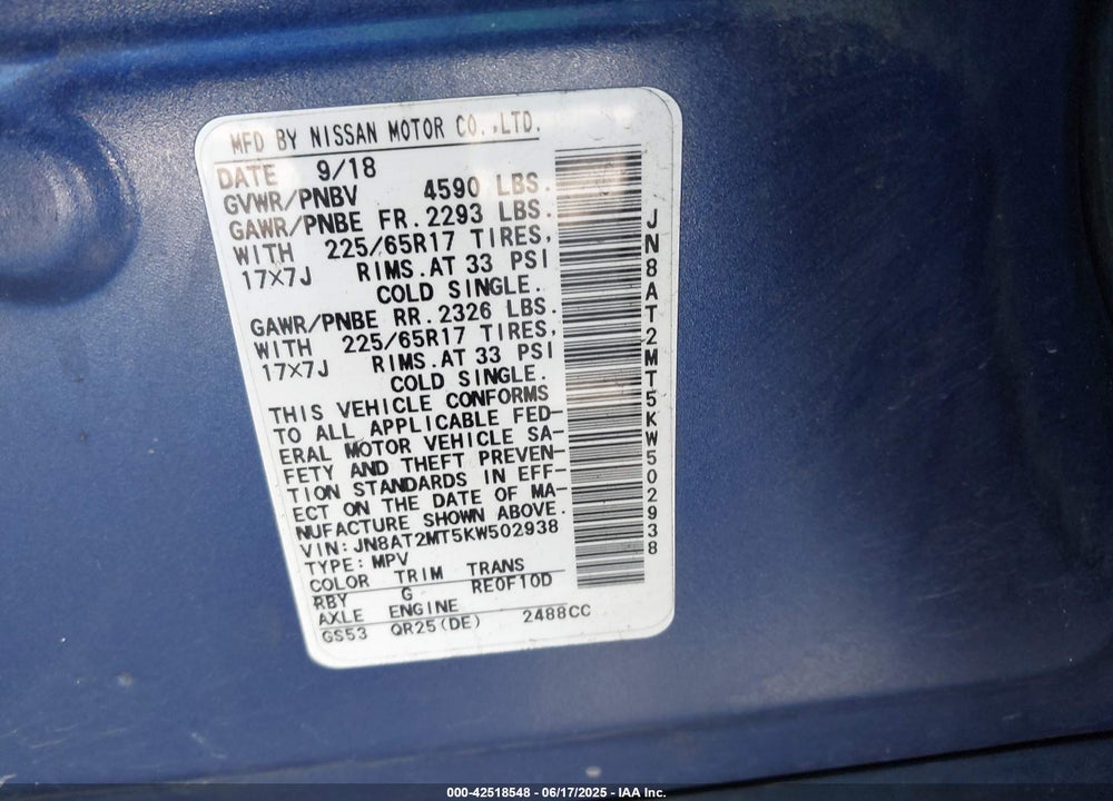 2019 NISSAN ROGUE VIN: JN8AT2MT5KW502938