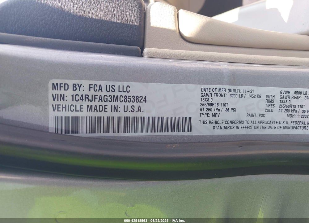 2021 JEEP GRAND CHEROKEE VIN: 1C4RJFAG3MC853824