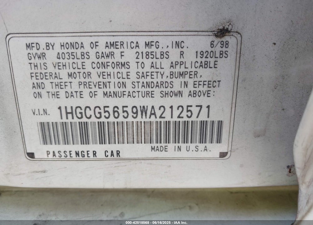1998 HONDA ACCORD EX VIN: 1HGCG5659WA212571