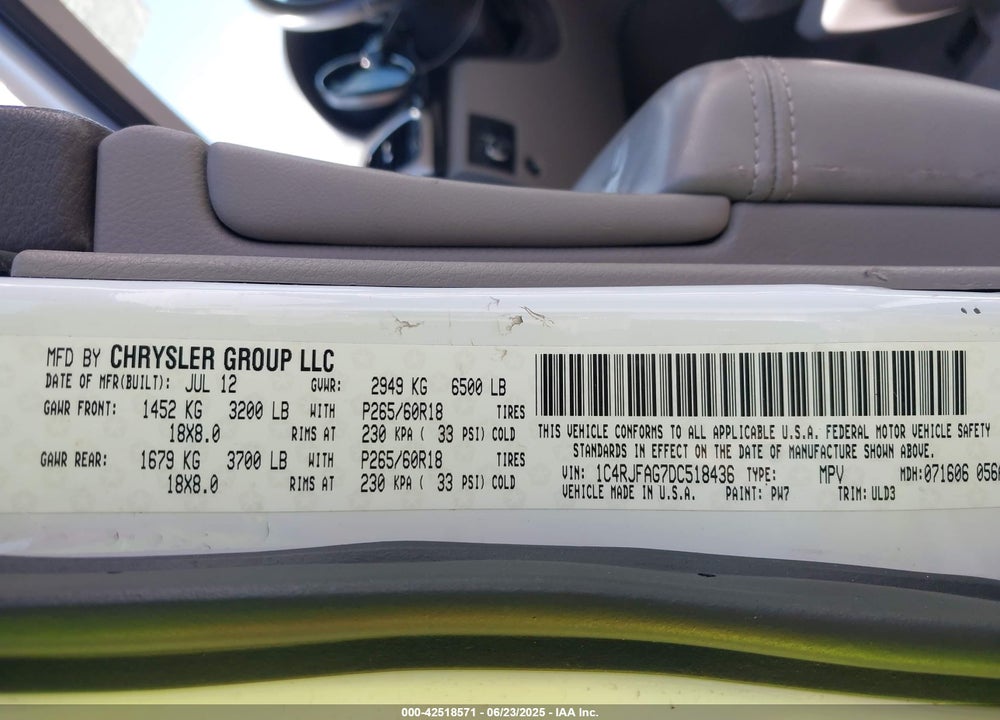2013 JEEP GRAND CHEROKEE VIN: 1C4RJFAG7DC518436