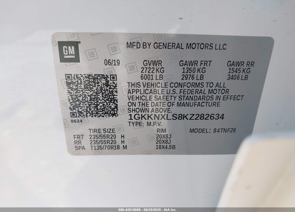 2019 GMC ACADIA VIN: 1GKKNXLS8KZ282634