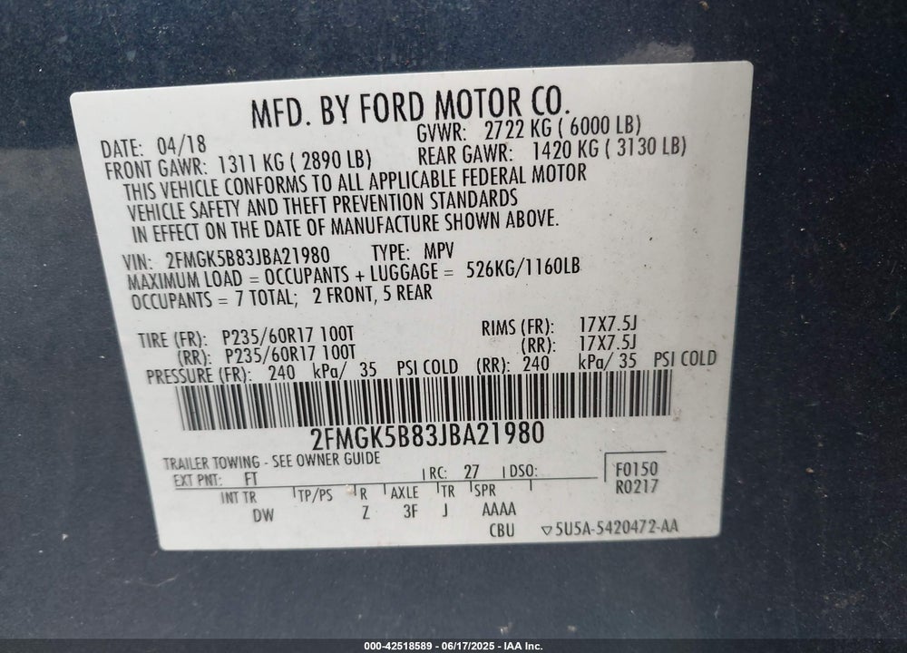 2018 FORD FLEX VIN: 2FMGK5B83JBA21980