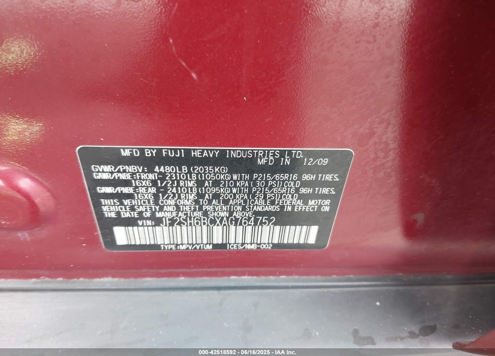 2010 SUBARU FORESTER 2.5X VIN: JF2SH6BCXAG764752