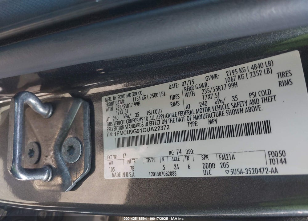 2016 FORD ESCAPE VIN: 1FMCU9G91GUA22372
