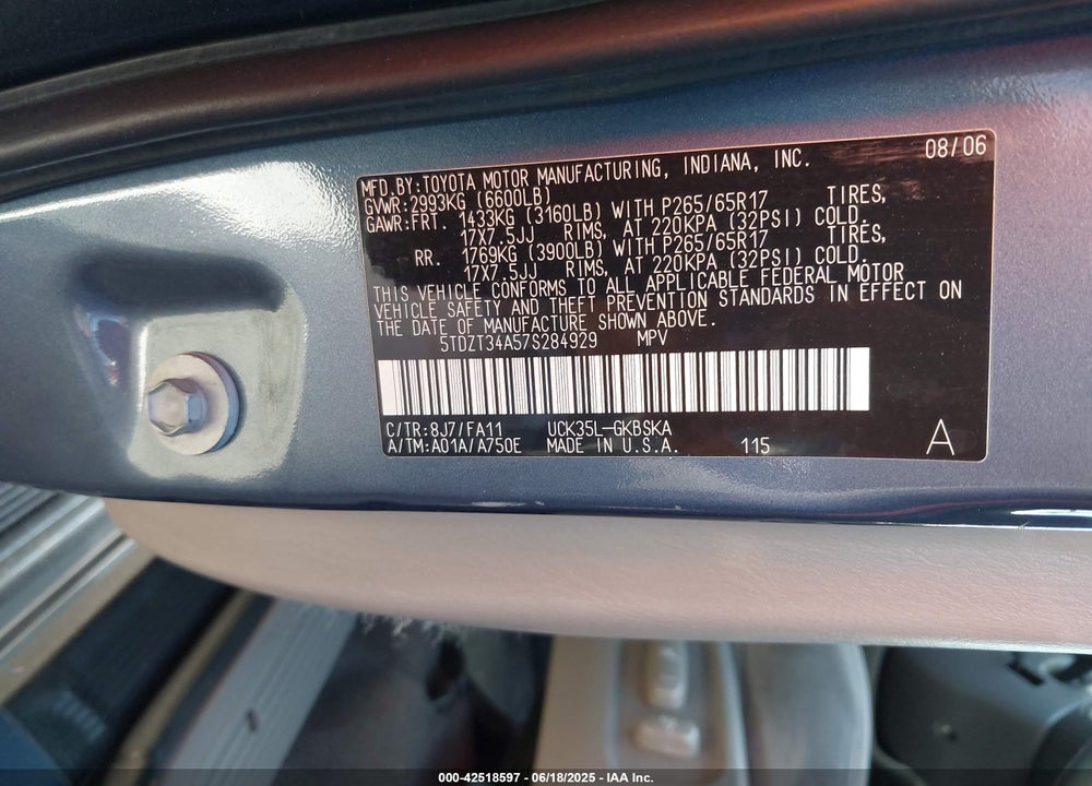 2007 TOYOTA SEQUOIA SR5 V8 VIN: 5TDZT34A57S284929