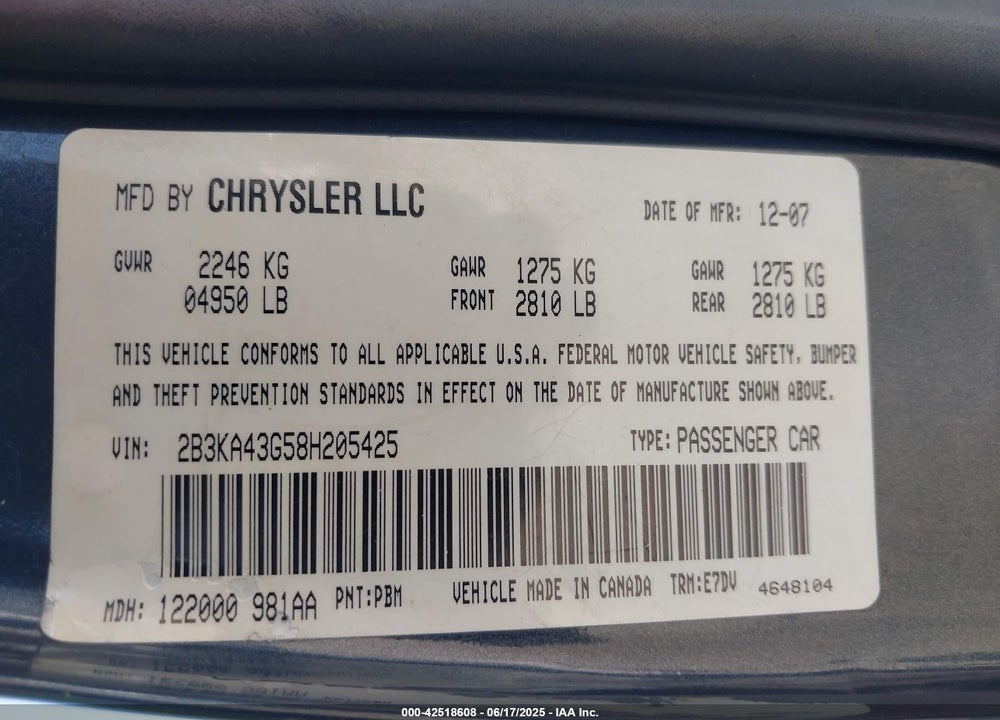 2008 DODGE CHARGER VIN: 2B3KA43G58H205425