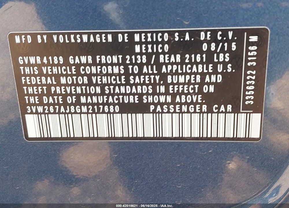 2016 VOLKSWAGEN JETTA 1.4T S VIN: 3VW267AJ8GM217680