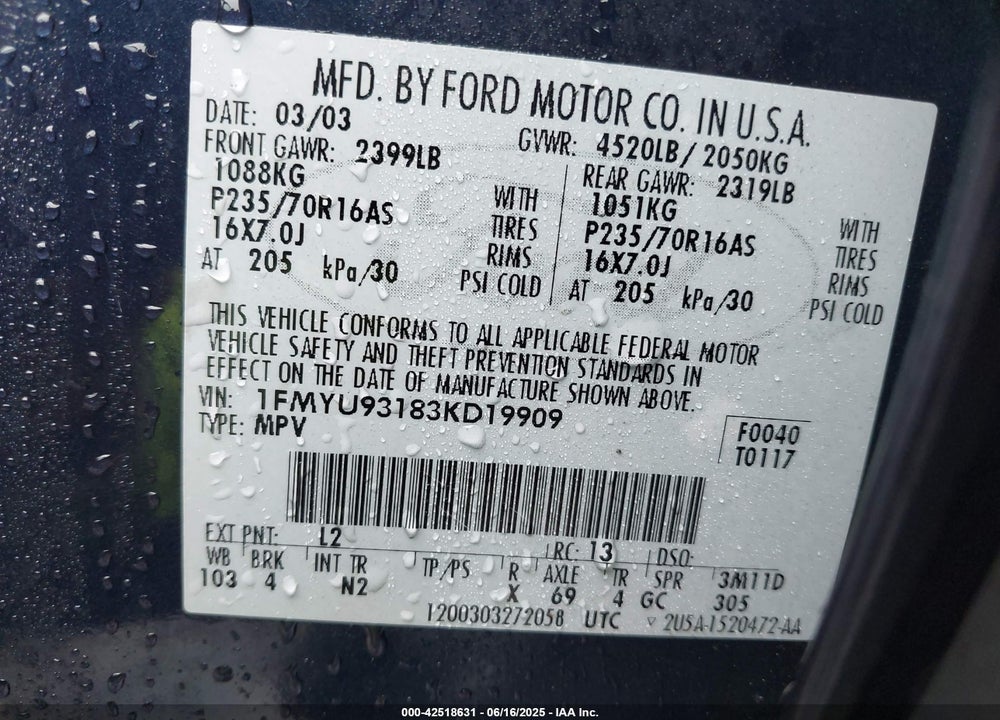 2003 FORD ESCAPE VIN: 1FMYU93183KD19909