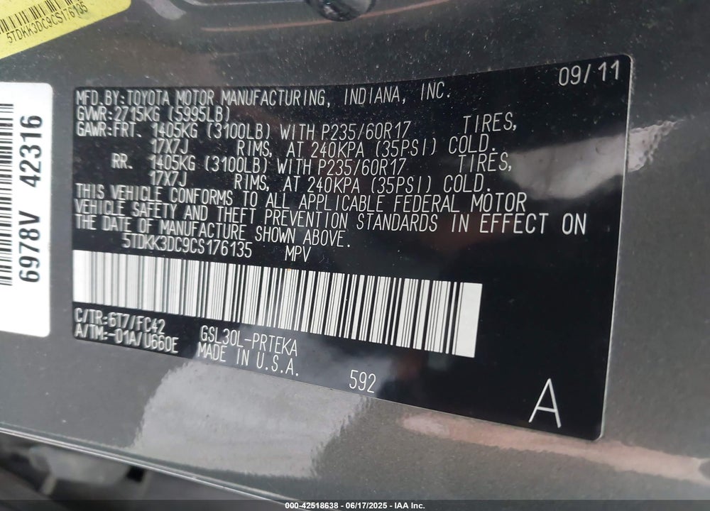 2012 TOYOTA SIENNA LE V6 8 PASSENGER VIN: 5TDKK3DC9CS176135