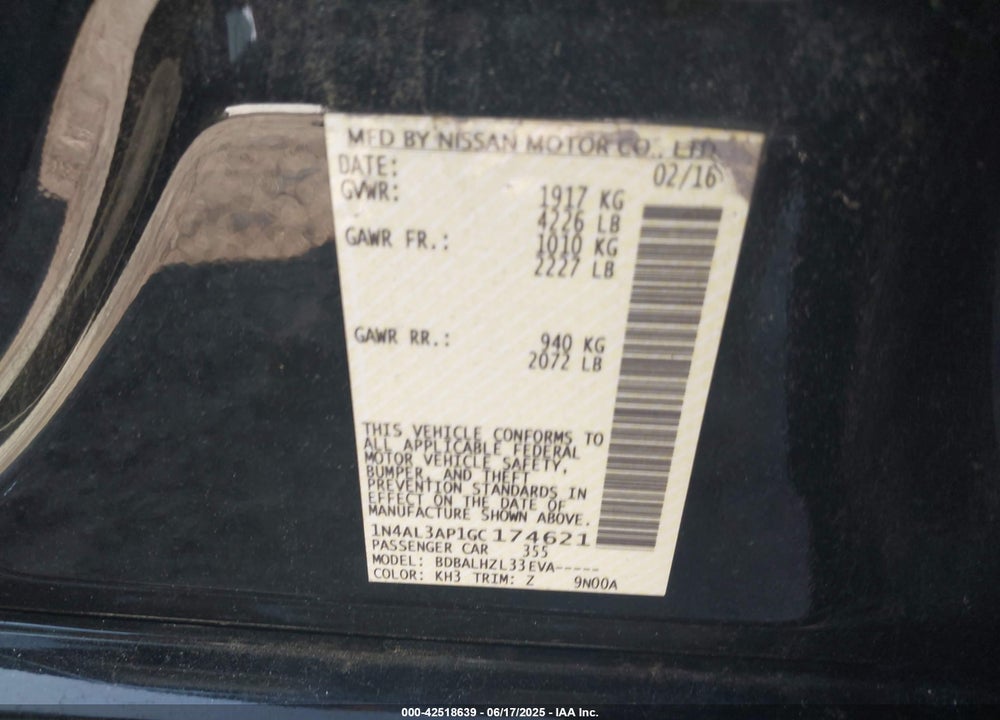 2016 NISSAN ALTIMA VIN: 1N4AL3AP1GC174621