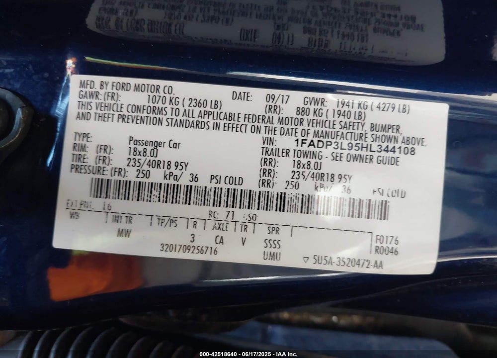 2017 FORD FOCUS ST VIN: 1FADP3L95HL344108