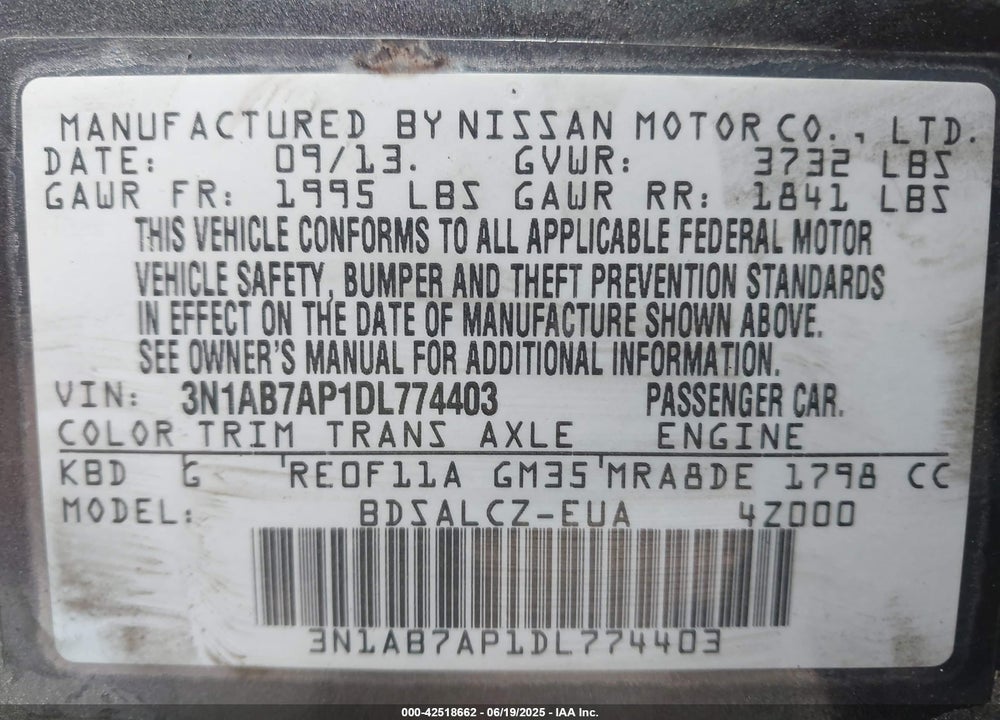 2013 NISSAN SENTRA VIN: 3N1AB7AP1DL774403