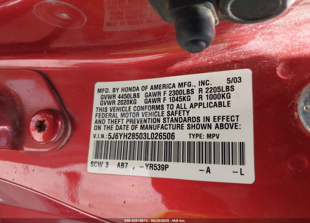 2003 HONDA ELEMENT EX VIN: 5J6YH28503L026506