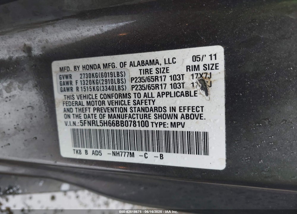 2011 HONDA ODYSSEY EX-L VIN: 5FNRL5H66BB078100
