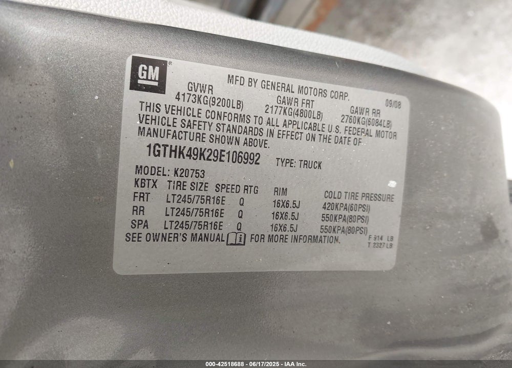 2009 GMC SIERRA 2500HD WORK TRUCK VIN: 1GTHK49K29E106992