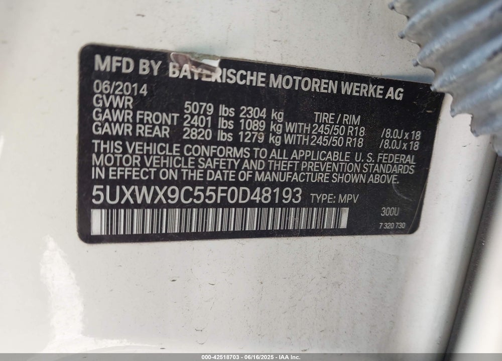 2015 BMW X3 VIN: 5UXWX9C55F0D48193