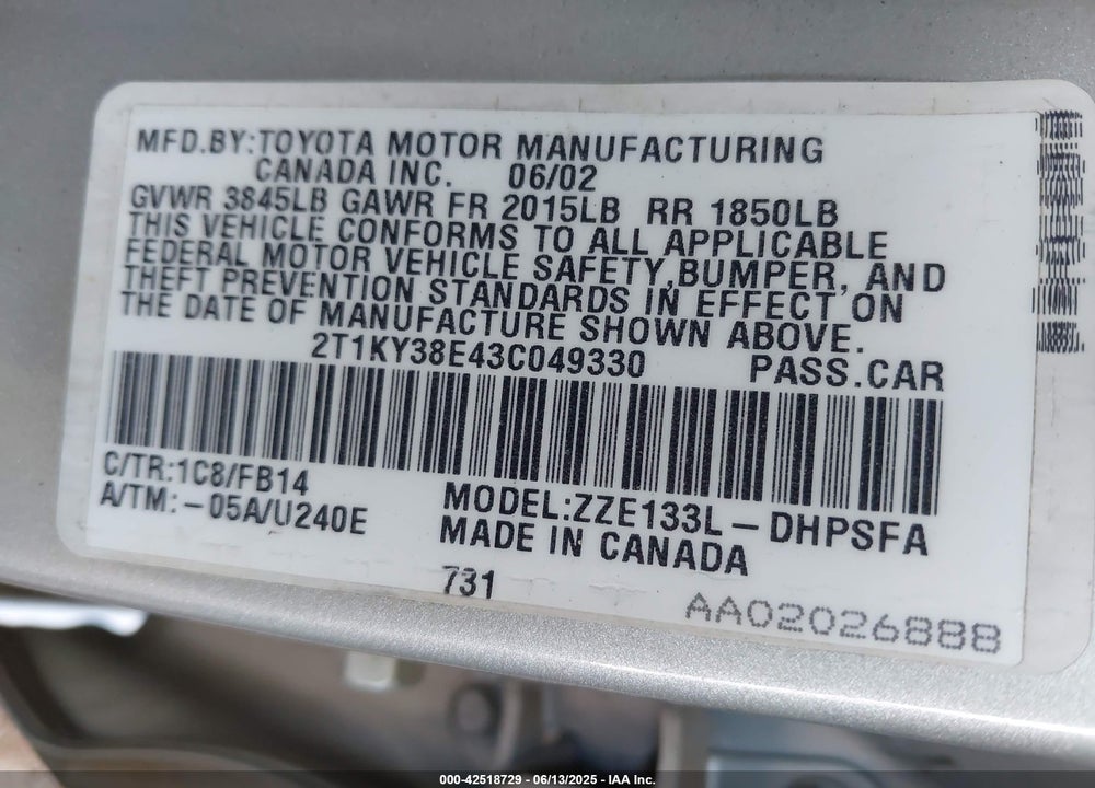 2003 TOYOTA MATRIX XRS VIN: 2T1KY38E43C049330
