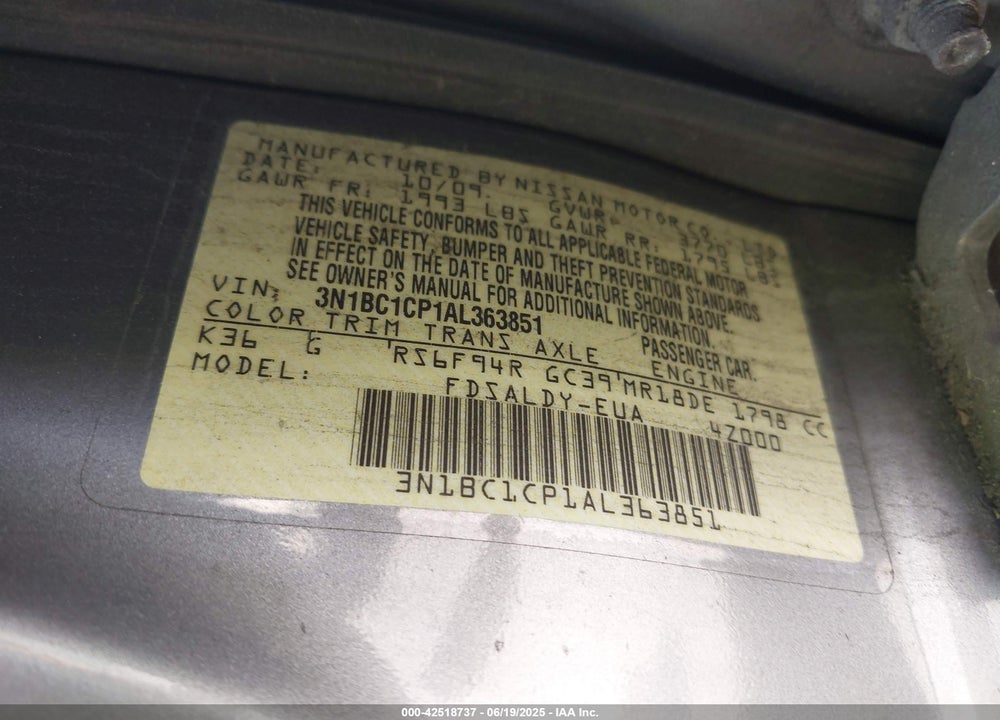 2010 NISSAN VERSA VIN: 3N1BC1CP1AL363851