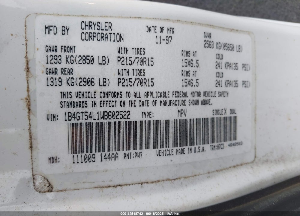 1998 DODGE GRAND CARAVAN ES/LE VIN: 1B4GT54L1WB602522