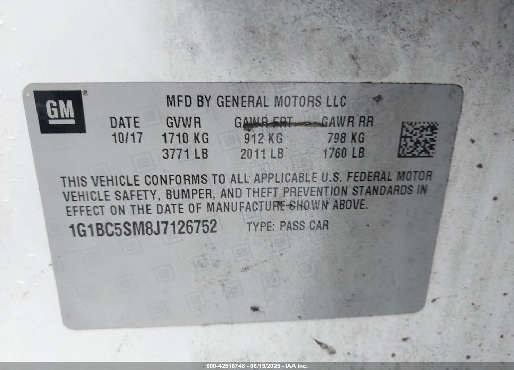 2018 CHEVROLET CRUZE LS AUTO VIN: 1G1BC5SM8J7126752