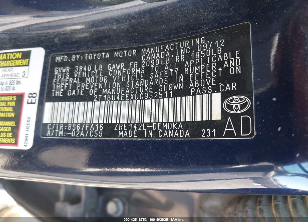 2013 TOYOTA COROLLA VIN: 2T1BU4EEXDC952511