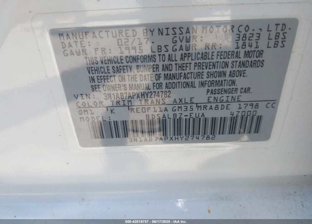 2017 NISSAN SENTRA VIN: 3N1AB7APXHY274782