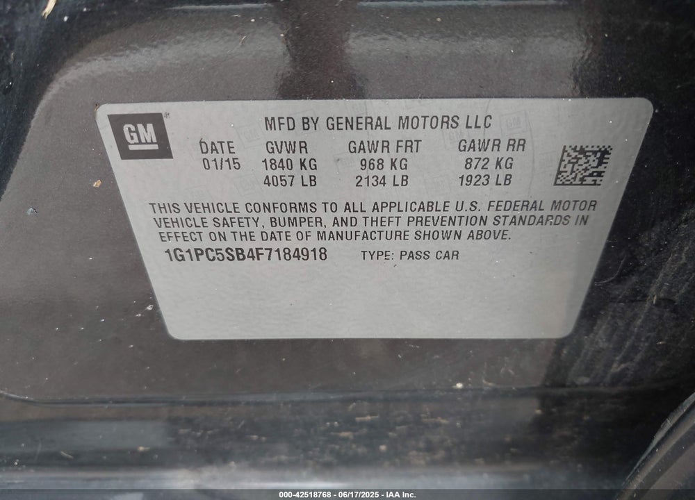 2015 CHEVROLET CRUZE VIN: 1G1PC5SB4F7184918
