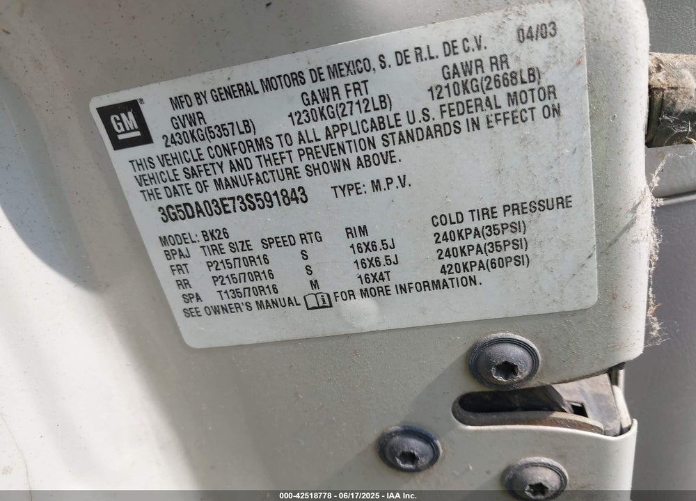 2003 BUICK RENDEZVOUS CXL VIN: 3G5DA03E73S591843