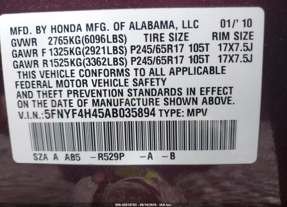 2010 HONDA PILOT EX VIN: 5FNYF4H45AB035894