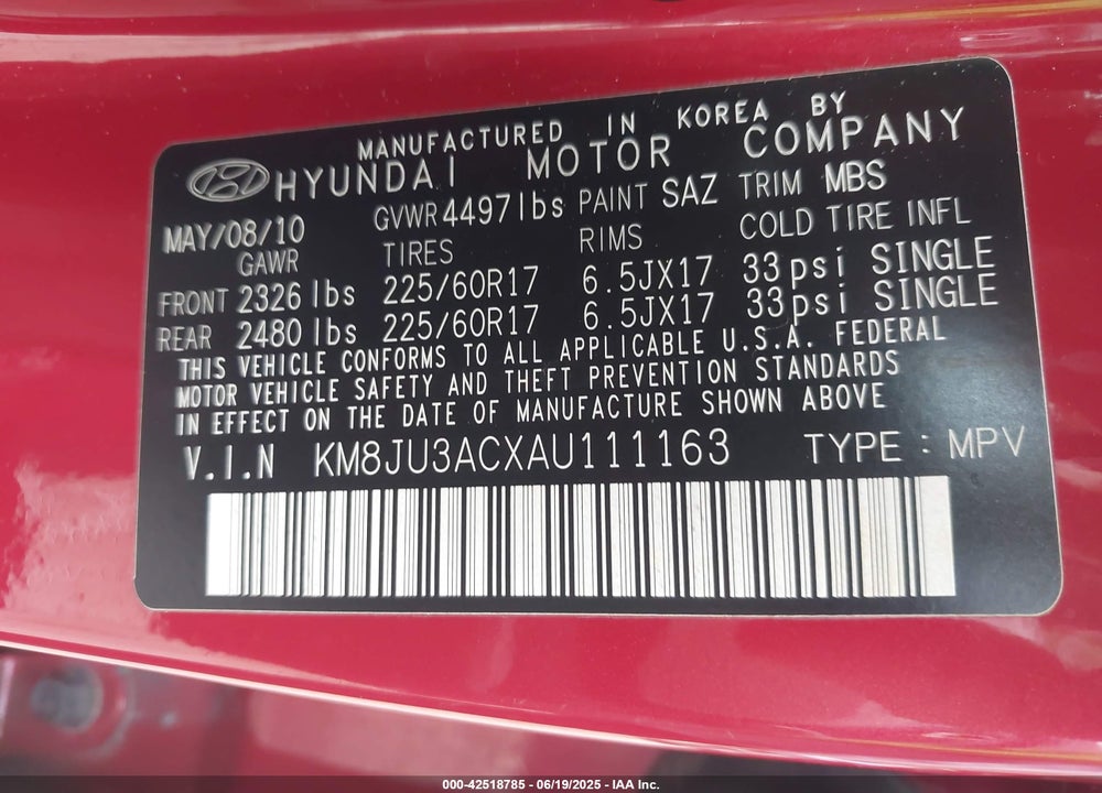 2010 HYUNDAI TUCSON GLS VIN: KM8JU3ACXAU111163