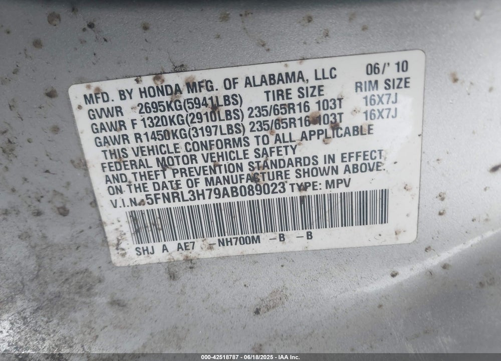 2010 HONDA ODYSSEY VIN: 5FNRL3H79AB089023