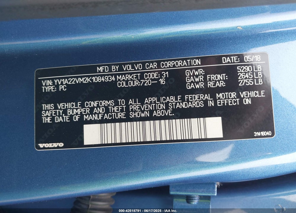 2019 VOLVO V90 VIN: YV1A22VM2K1084934