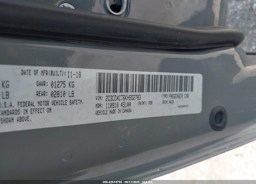 2019 DODGE CHARGER VIN: 2C3CDXCT6KH552783