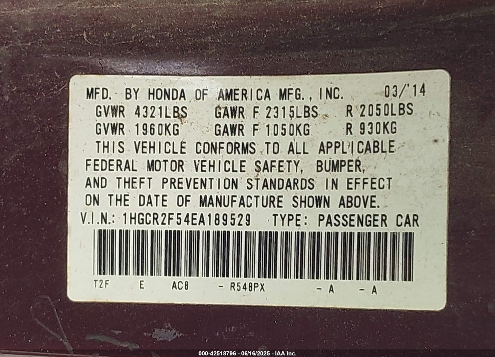 2014 HONDA ACCORD VIN: 1HGCR2F54EA189529