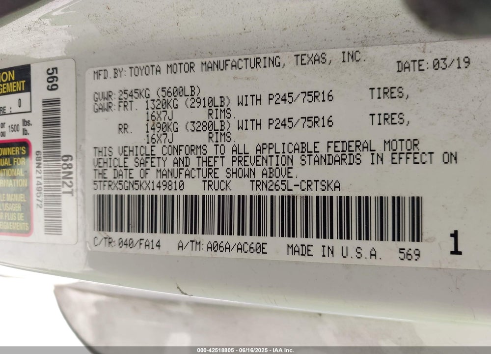 2019 TOYOTA TACOMA VIN: 5TFRX5GN5KX149810