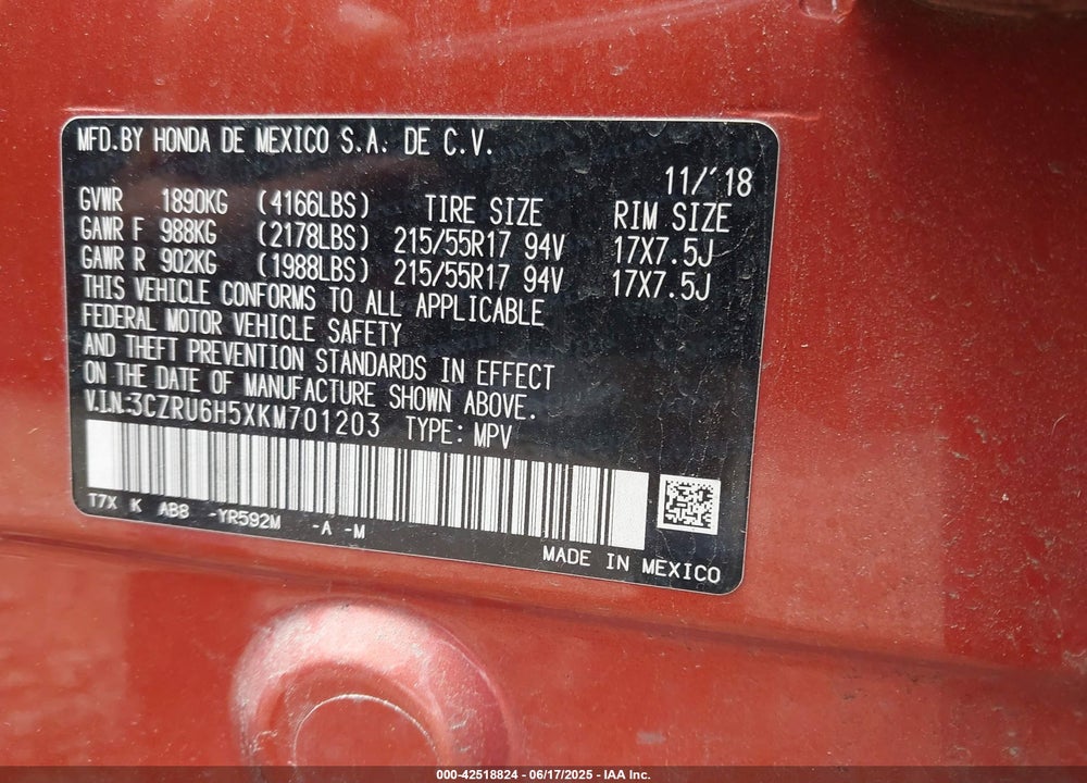2019 HONDA HR-V VIN: 3CZRU6H5XKM701203