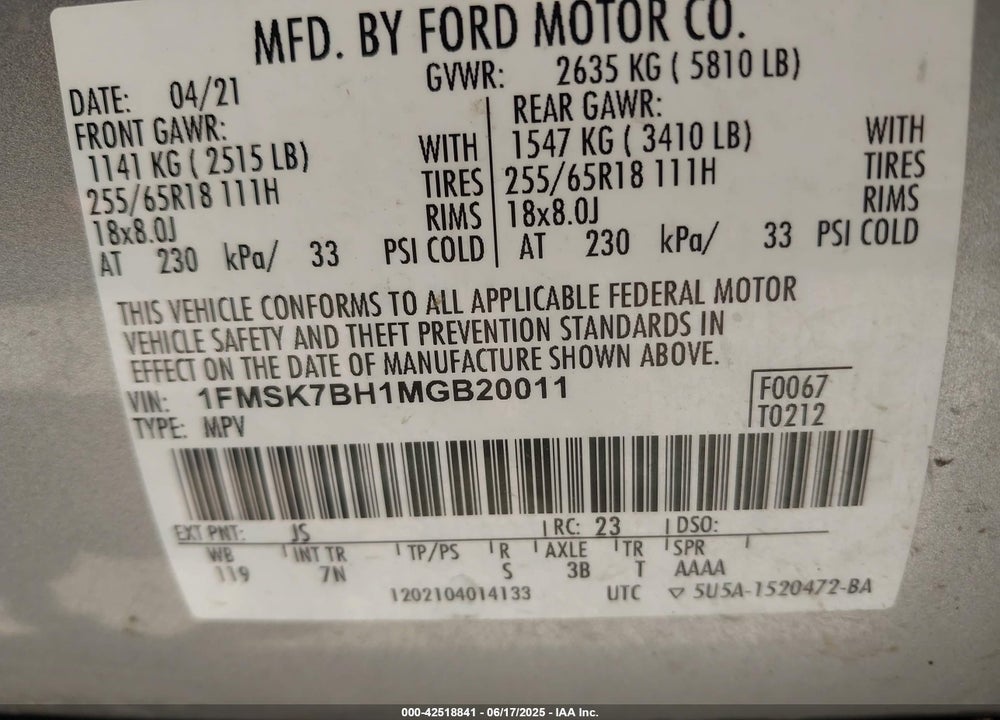 2021 FORD EXPLORER VIN: 1FMSK7BH1MGB20011