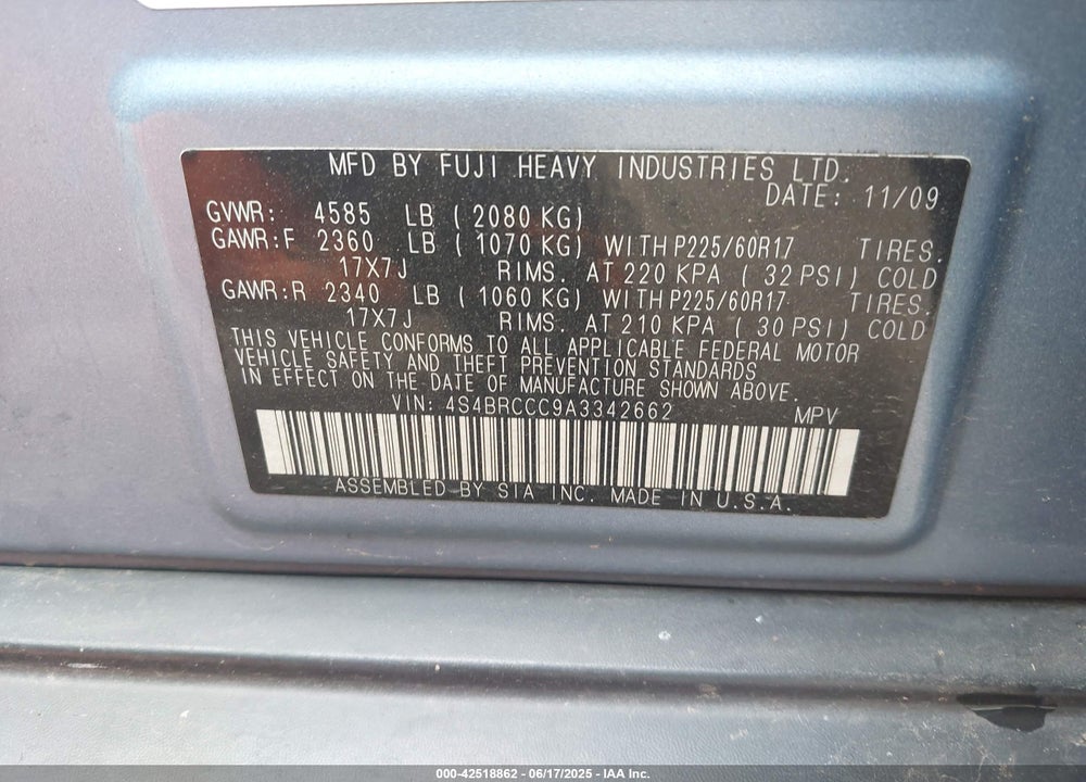2010 SUBARU OUTBACK VIN: 4S4BRCCC9A3342662