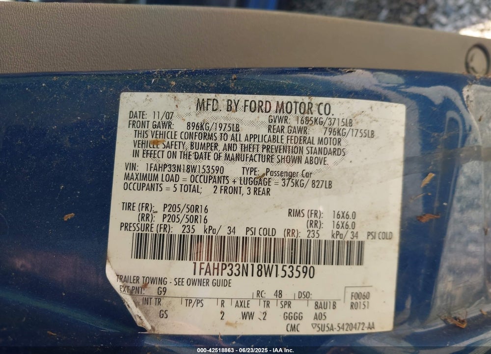 2008 FORD FOCUS SE/SES VIN: 1FAHP33N18W153590