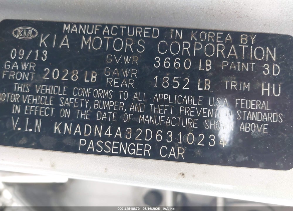 2013 KIA RIO EX VIN: KNADN4A32D6310234