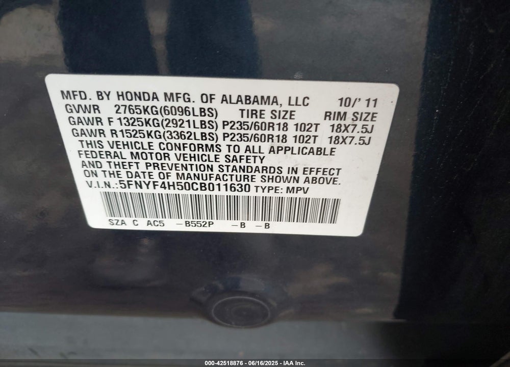 2012 HONDA PILOT EX-L VIN: 5FNYF4H50CB011630