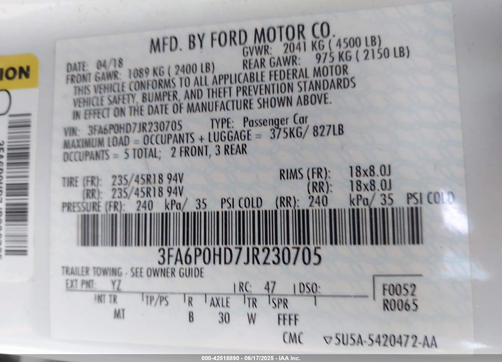 2018 FORD FUSION VIN: 3FA6P0HD7JR230705