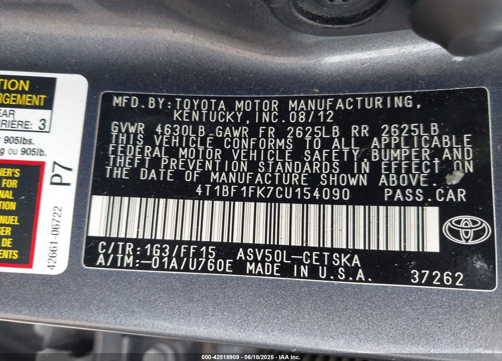 2012 TOYOTA CAMRY SE VIN: 4T1BF1FK7CU154090
