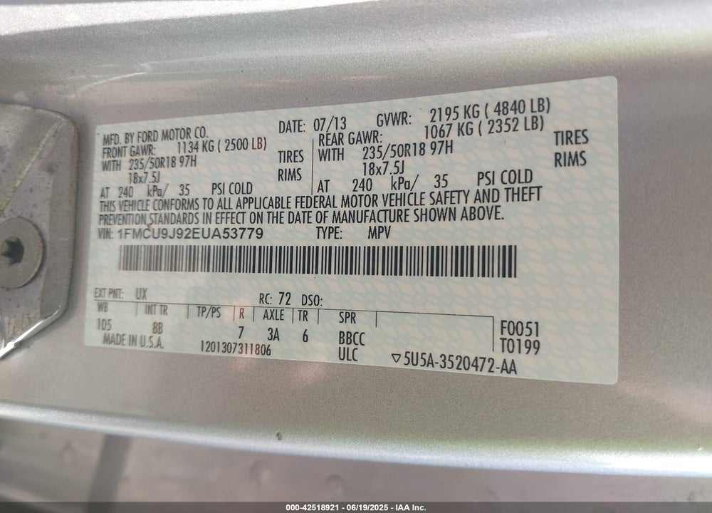 2014 FORD ESCAPE VIN: 1FMCU9J92EUA53779