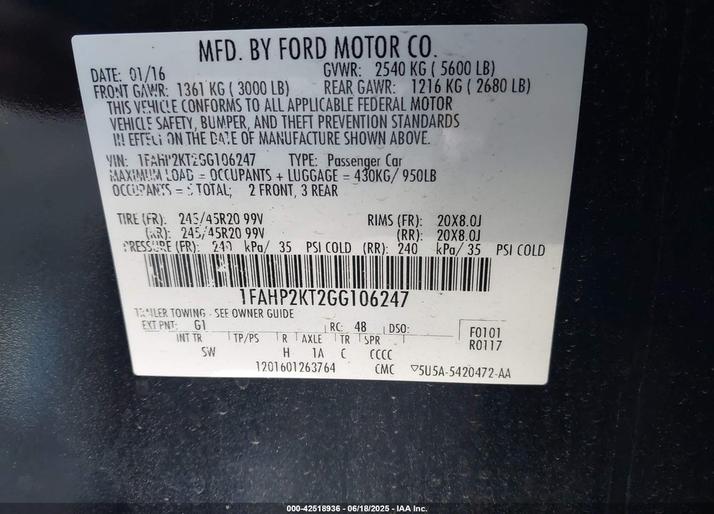 2016 FORD TAURUS VIN: 1FAHP2KT2GG106247