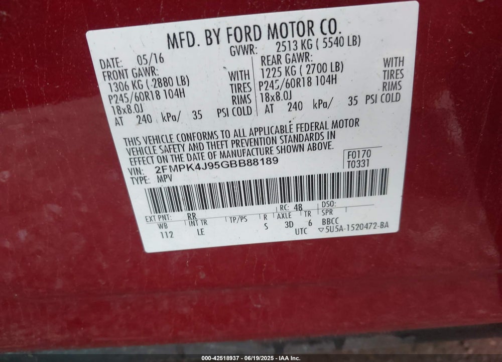2016 FORD EDGE VIN: 2FMPK4J95GBB88189