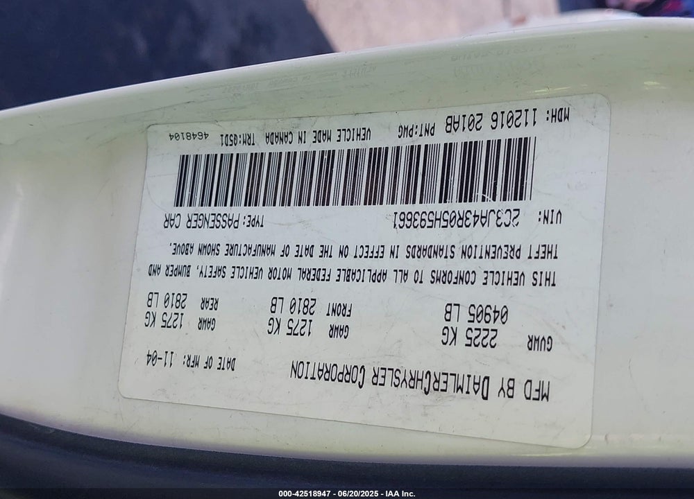 2005 CHRYSLER 300 VIN: 2C3JA43R05H593661
