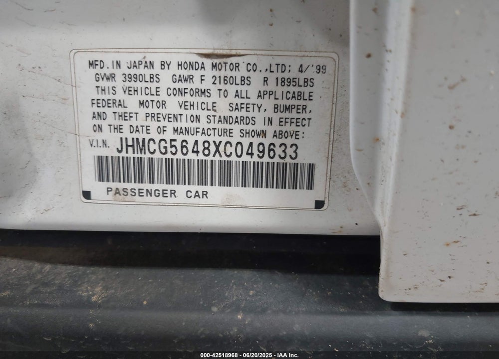 1999 HONDA ACCORD LX VIN: JHMCG5648XC049633