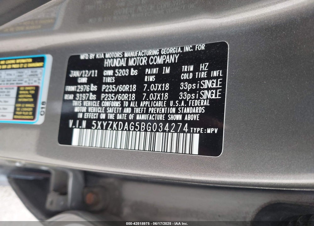 2011 HYUNDAI SANTA FE VIN: 5XYZKDAG5BG034274