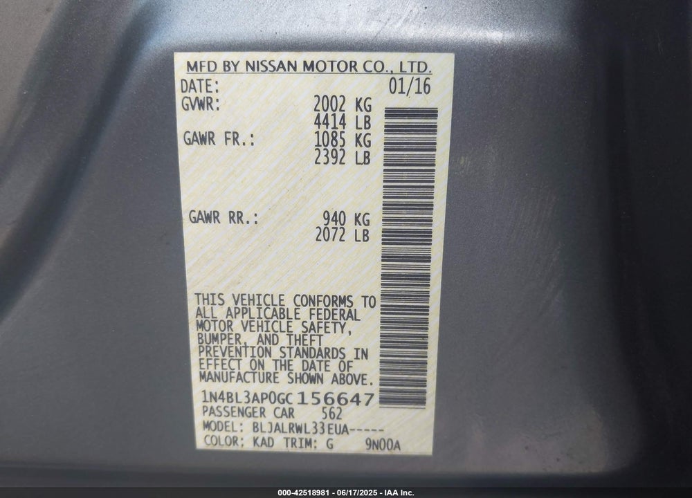 2016 NISSAN ALTIMA VIN: 1N4BL3AP0GC156647